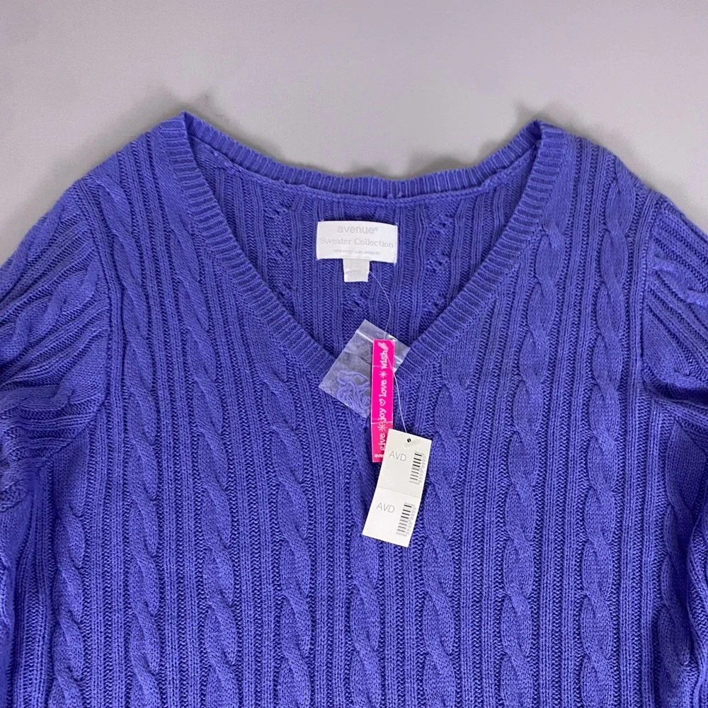Avenue Sweater Women's‎ Plus Size 26/28 Purple Cable Knit V-Neck New w/ Tags